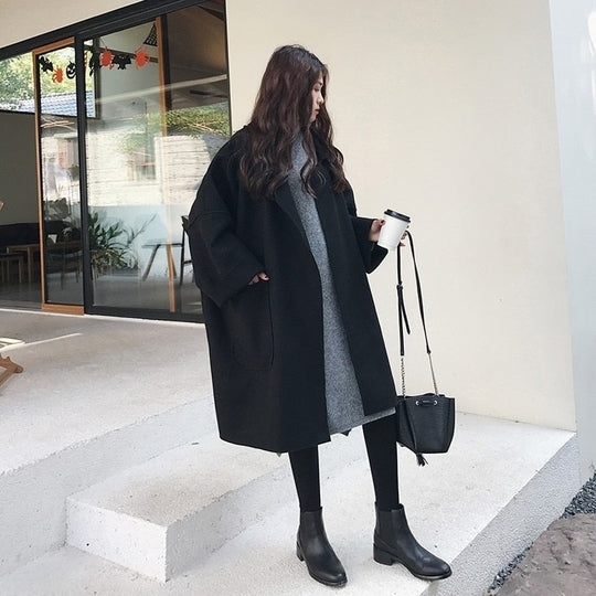 Damen Trenchcoat Lang Im Vintage Design Mit Wolloptik