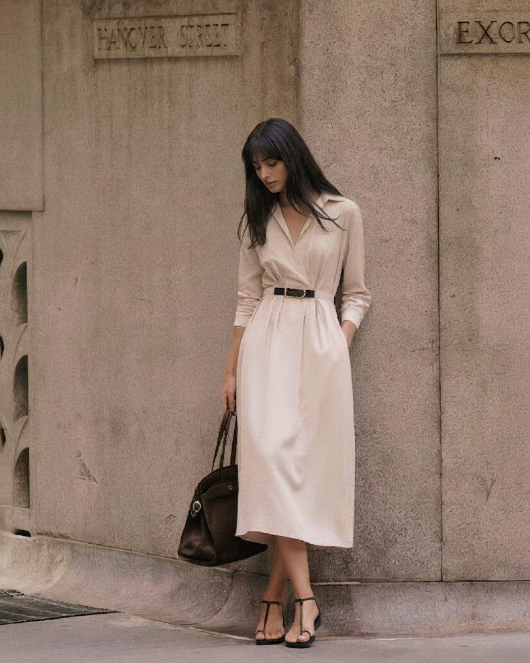 Midi-Kleid aus Baumwollmischung in Beige