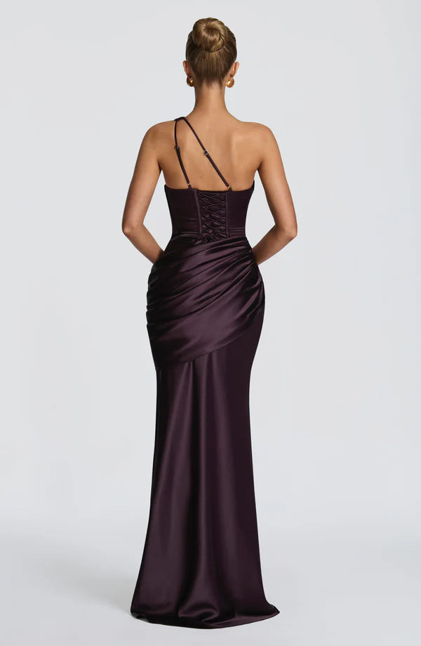 Satin Maxikleid Olive und Pflaume