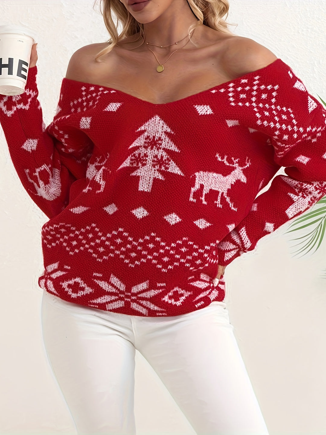 V-Ausschnitt Pullover mit Weihnachtsmuster und Twist-Detail für Damen