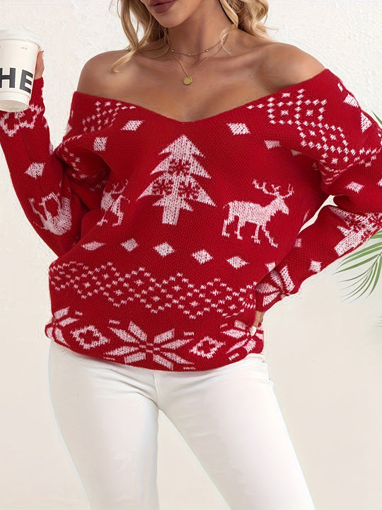 V-Ausschnitt Pullover mit Weihnachtsmuster und Twist-Detail für Damen