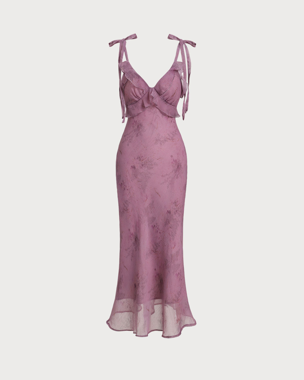 Fliederfarbenes Midi-Kleid mit Blumenmuster, Rüschen und Bindeträgern