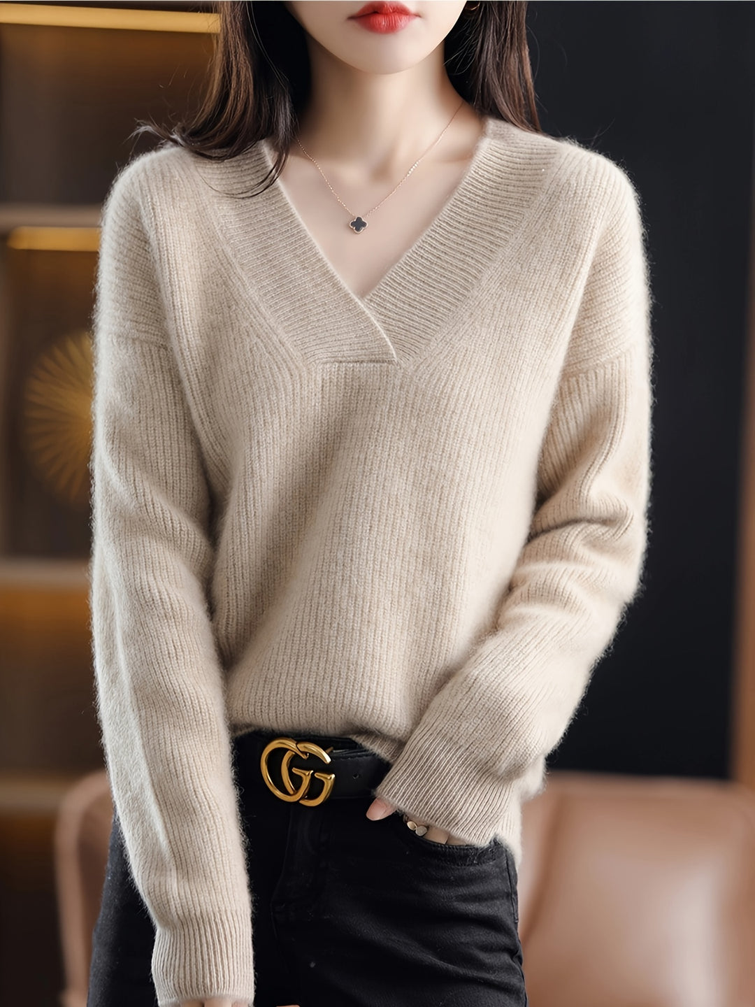 Locker geschnittener V-Ausschnitt Pullover für Damen