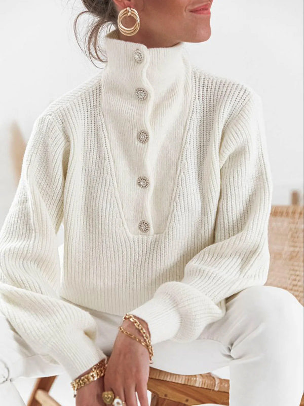 Damen Strickpullover Mit Stehkragen Und Knopfleiste