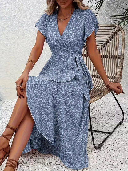 Midi-Wickelkleid mit Blumenmuster und asymmetrischem Saum
