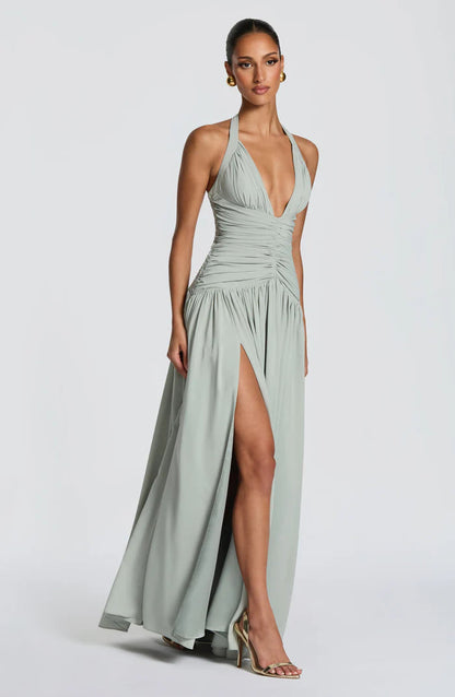 Fließendes Ärmelloses Maxikleid Marineblau Salbei Gelb