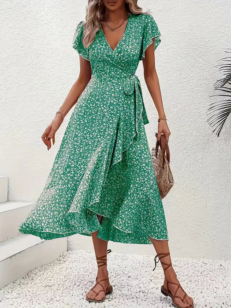 Midi-Wickelkleid mit Blumenmuster und asymmetrischem Saum