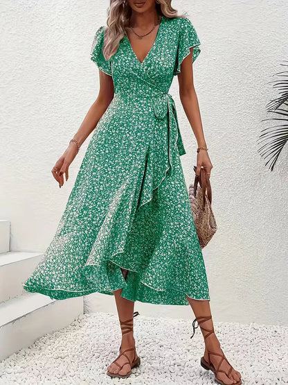 Midi-Wickelkleid mit Blumenmuster und asymmetrischem Saum