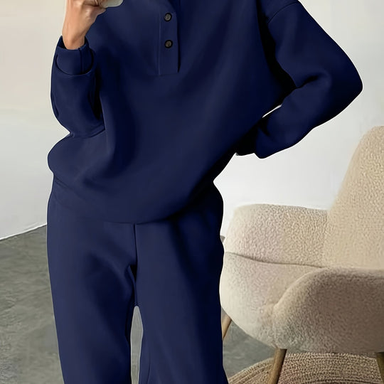 Zweiteiliges Sweatshirt-Set mit Stehkragen und Knopfleiste für Damen