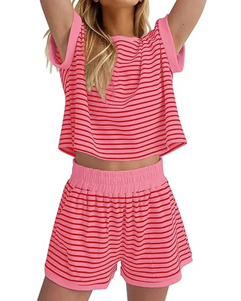 Damen Shorts Set Gestreift Mit T Shirt Für Den Sommer
