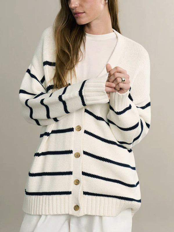 Damen Gestreifter Cardigan Mit V-Ausschnitt Und Knopfleiste