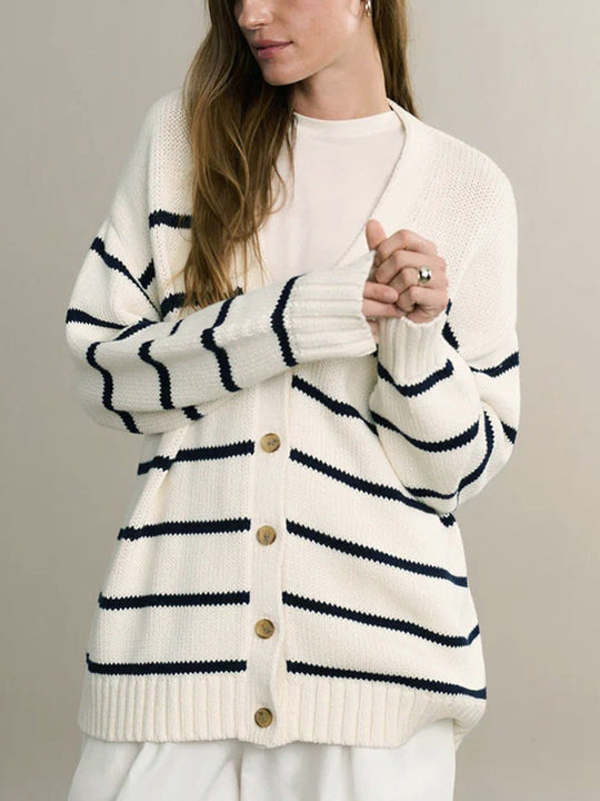 Damen Gestreifter Cardigan Mit V-Ausschnitt Und Knopfleiste