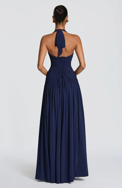 Fließendes Ärmelloses Maxikleid Marineblau Salbei Gelb