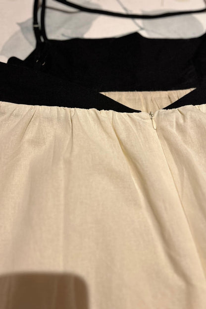 Midikleid aus Leinen-Baumwoll-Mischung für Damen, Schwarz und Weiß