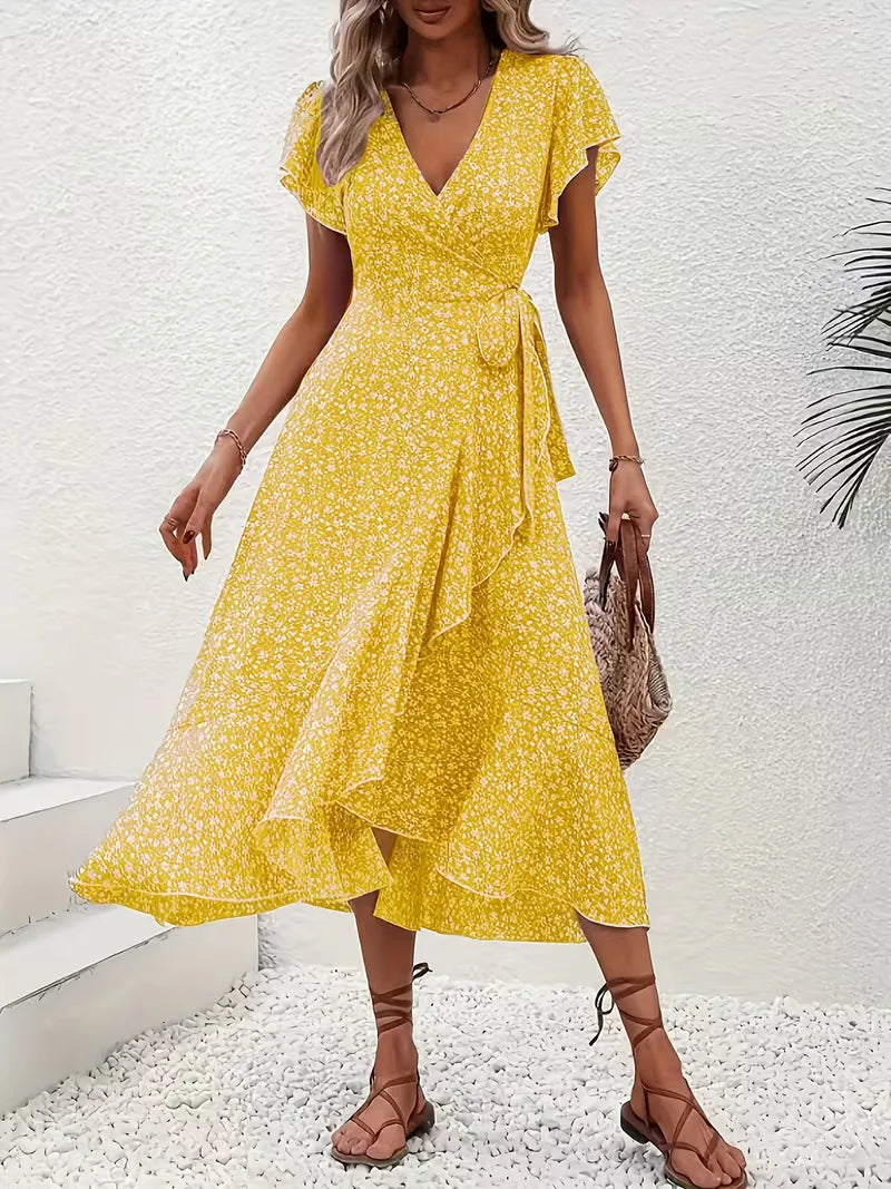 Midi-Wickelkleid mit Blumenmuster und asymmetrischem Saum
