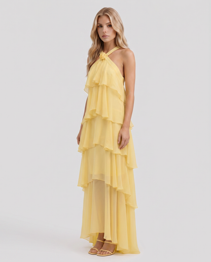 Maxikleid mit mehrlagigem Volant und Neckholder-Ausschnitt