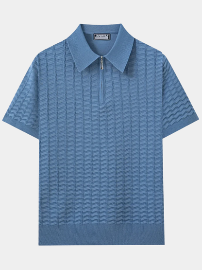 Herren Viskose Strick-Poloshirt mit Reißverschluss und geripptem Saum