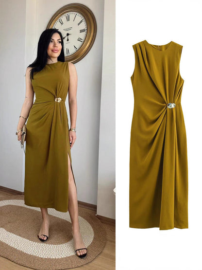 Maxikleid mit Schlitz, Poly-Mischgewebe, Olivfarben