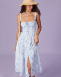 Midikleid mit floralem Print, gerafftem quadratischem Ausschnitt, blau