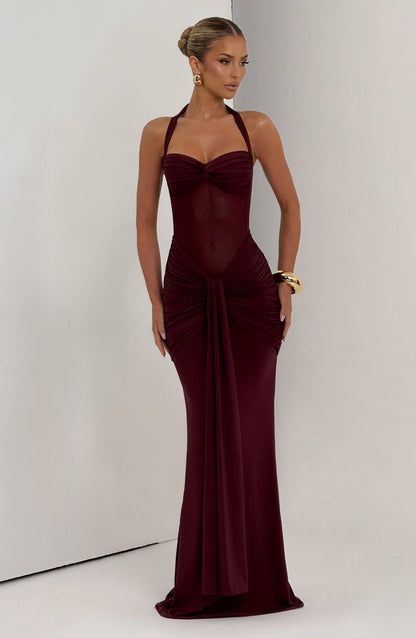 Ärmelloses gerafftes Jersey-Mesh-Maxikleid