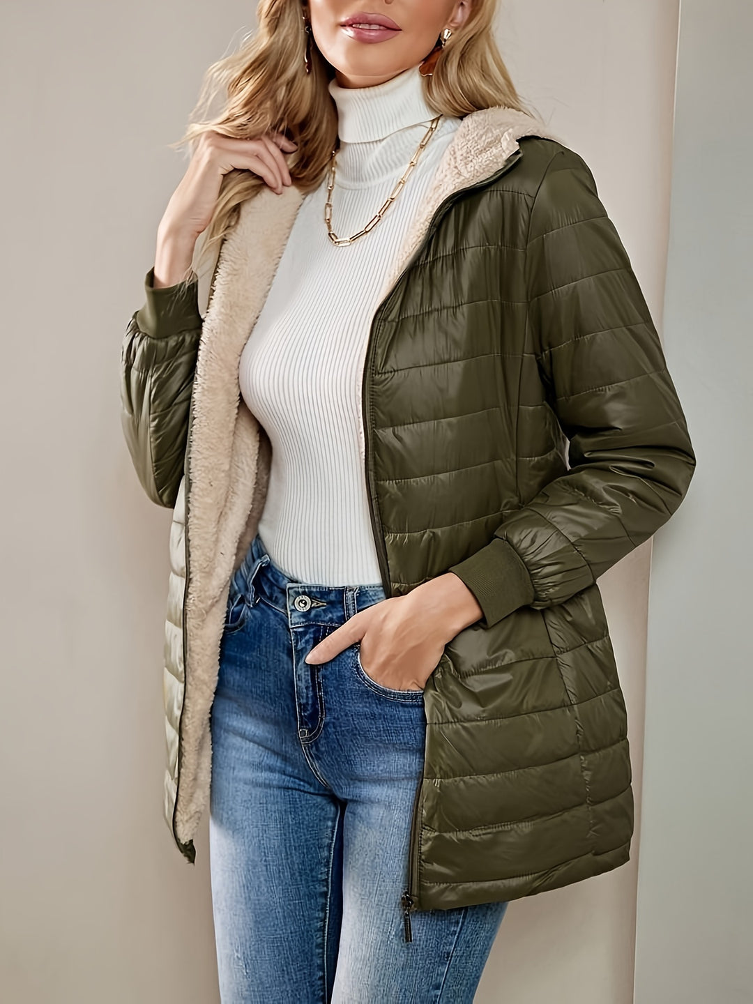 Midi-Steppmantel mit Fleecefutter für Damen