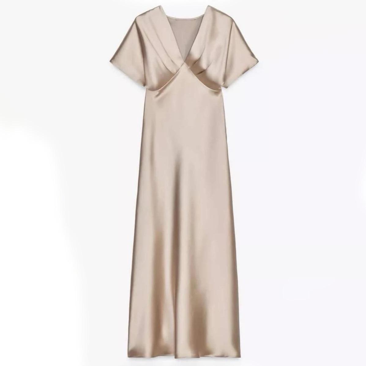 Satinkleid Midi Beige Halbarm