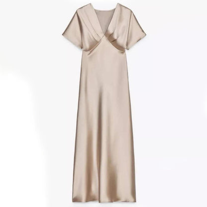 Satinkleid Midi Beige Halbarm
