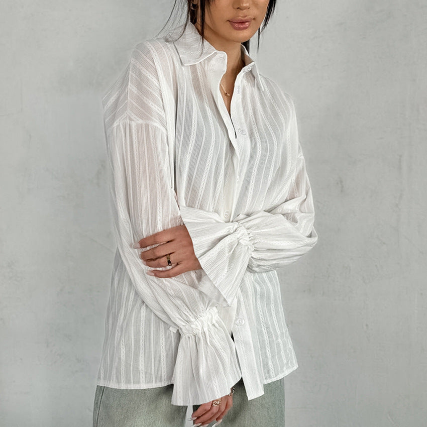 Gestreifte Bluse mit bindbaren Manschetten für Damen