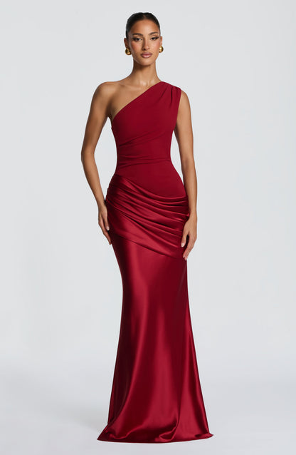 Ein-Schulter Crepe Satin Maxikleid Damen