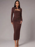 Eng anliegendes gerafftes Midikleid aus Polyester in Braun