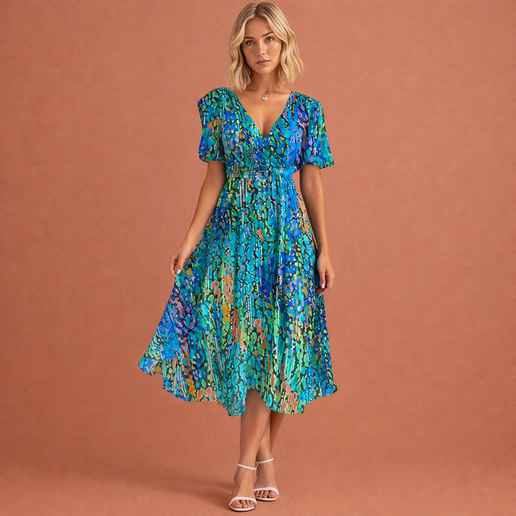 Midi-Kleid mit kurzem Ärmel und Blumenmuster für Damen