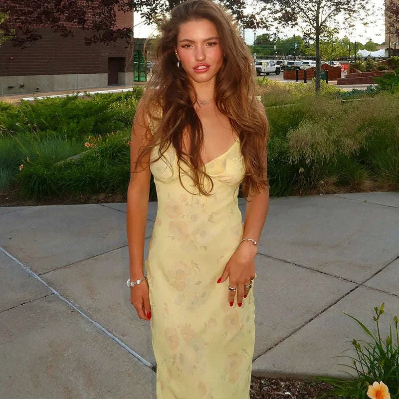 Florales Maxikleid mit tiefem V-Ausschnitt und offenem Rücken Sommerkleid