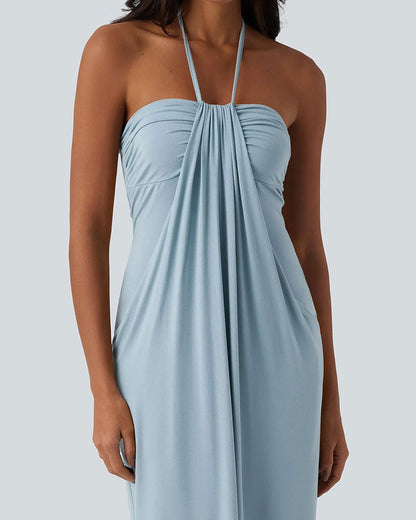 Detailansicht der Drapierung am Damen Maxikleid mit Halterkragen