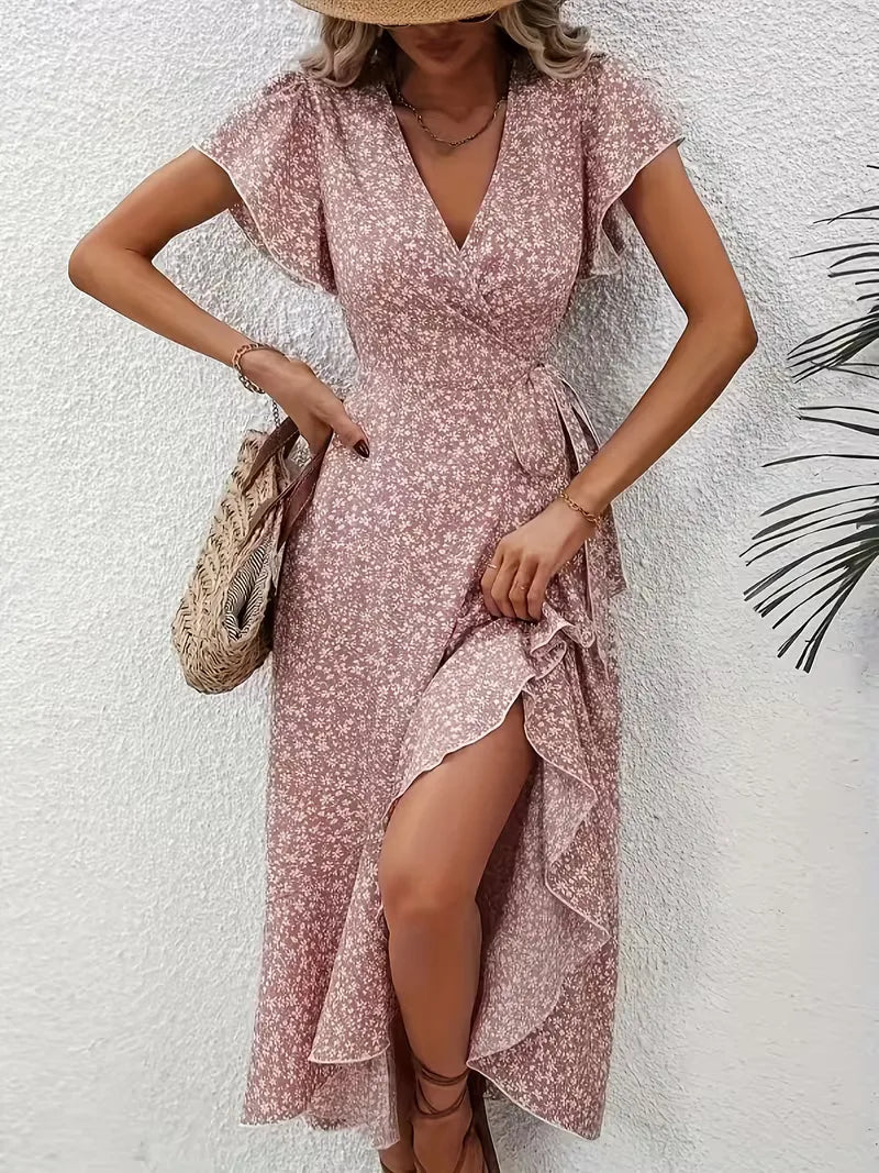 Midi-Wickelkleid mit Blumenmuster und asymmetrischem Saum