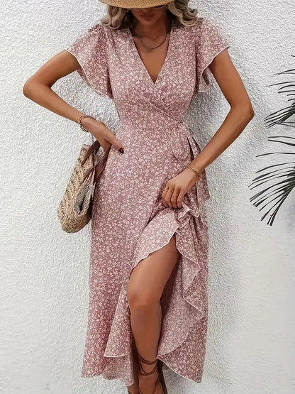 Midi-Wickelkleid mit Blumenmuster und asymmetrischem Saum