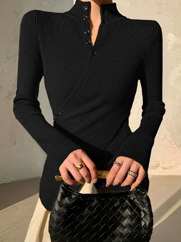 Damen Asymmetrischer Strickpullover Mit V-Ausschnitt Und Knopfleiste