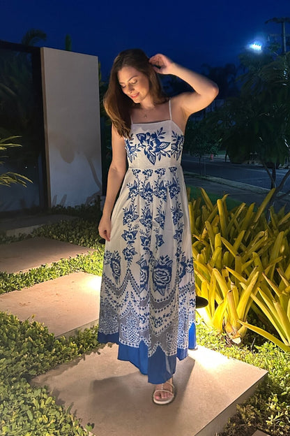 Polyester Spaghettiträger Midikleid Blau