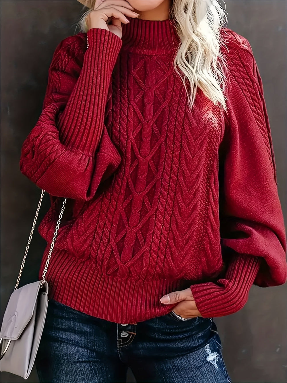 Damen Strickpullover Mit Zopfmuster Und Hohem Kragen