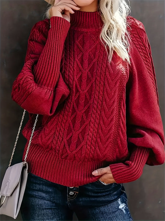 Damen Strickpullover Mit Zopfmuster Und Hohem Kragen
