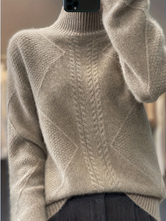 Strickpullover mit halbem Stehkragen und Zopfmuster für Damen