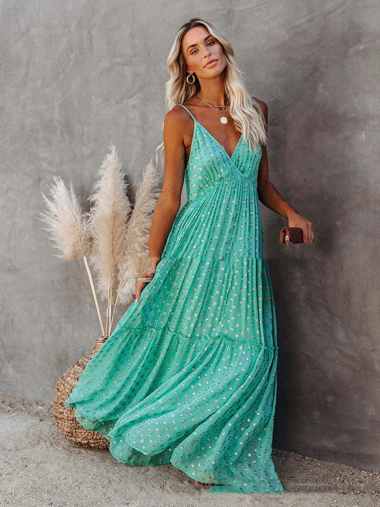 Boho-Chic Grünes Langes Sommerkleid