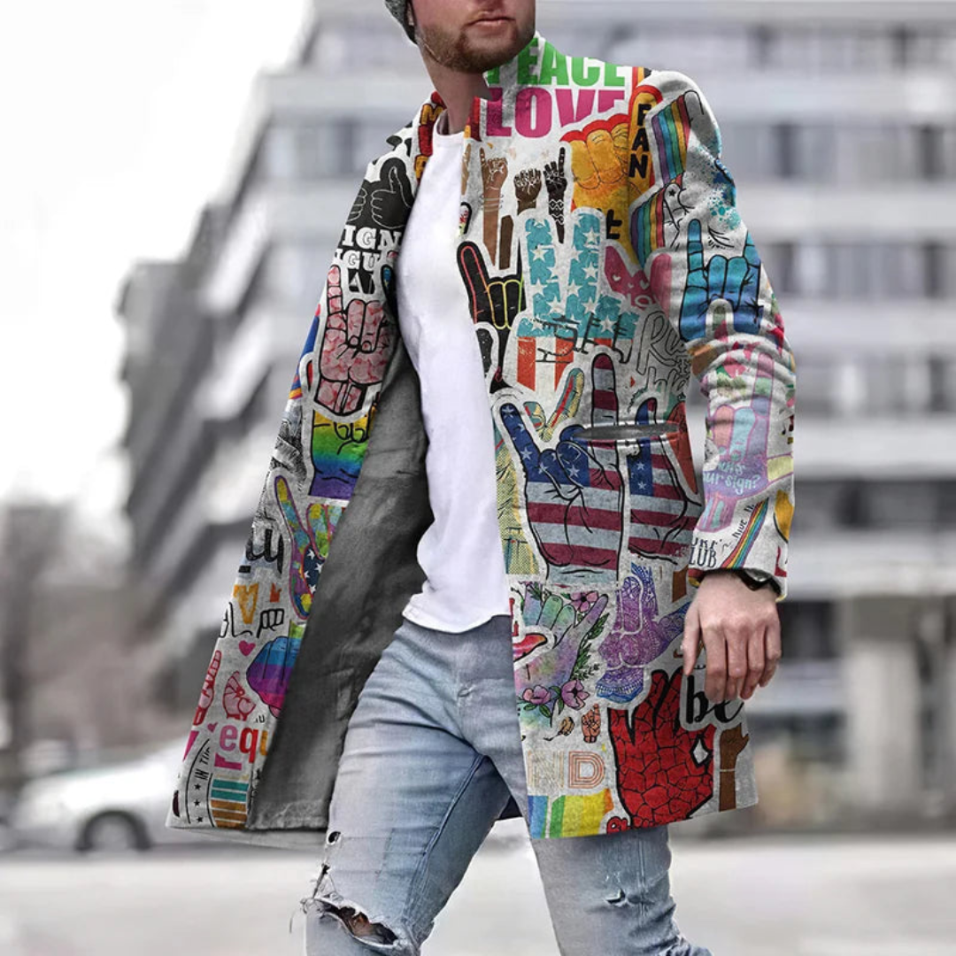 Herren Grafikmantel Lang Mit Modernem Muster