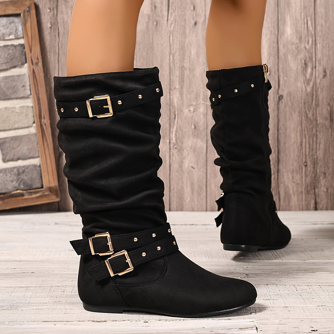 Kniehohe Stiefel mit Zierschnallen und flacher Sohle für Damen