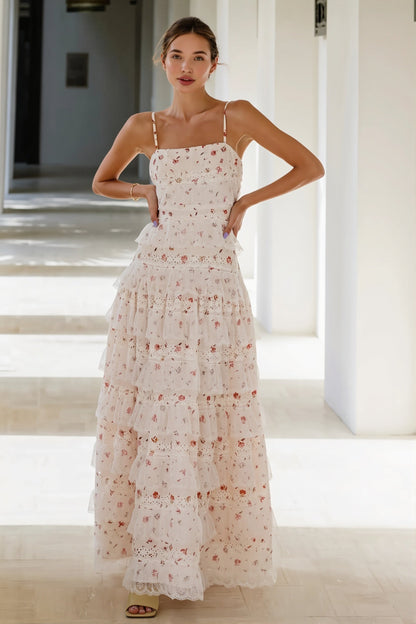 Damen Maxikleid Mit Spitze Und Volantsaum