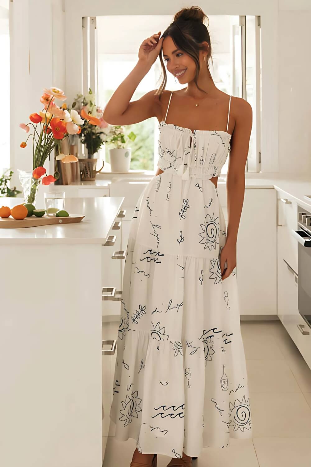 Bedrucktes Midikleid mit Spaghetti-Trägern Weiß