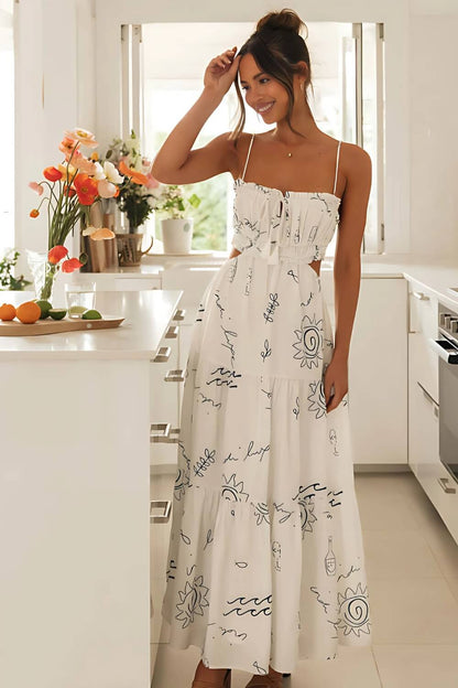 Bedrucktes Midikleid mit Spaghetti-Trägern Weiß