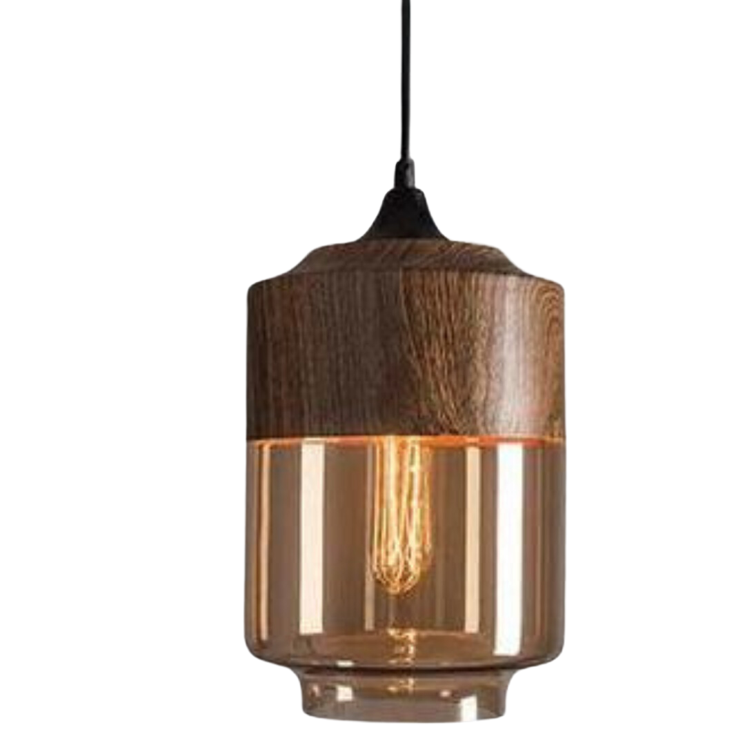 Skandinavische Holz-Deckenlampe mit getöntem Glas