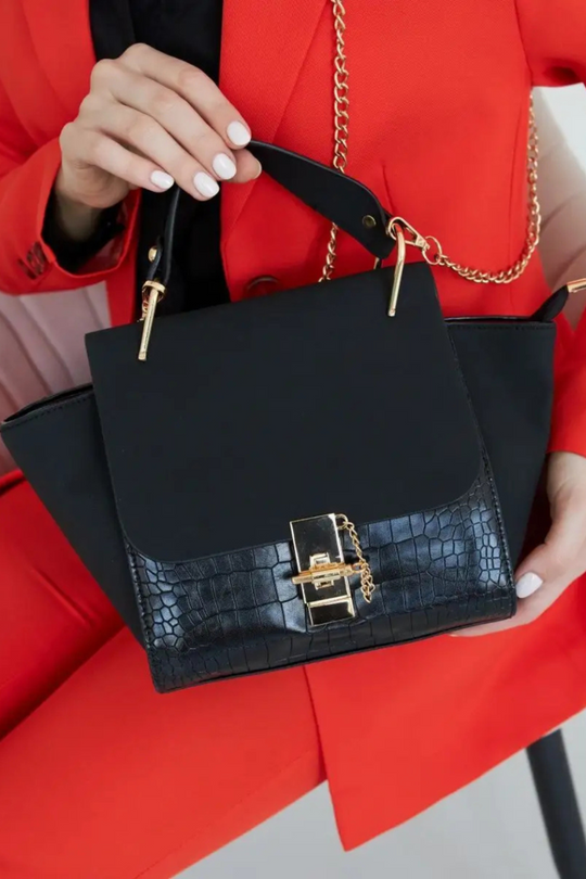 Vittora Noir | Elegante Handtasche aus veganem Leder mit Kroko-Prägung und goldenen Details für Damen