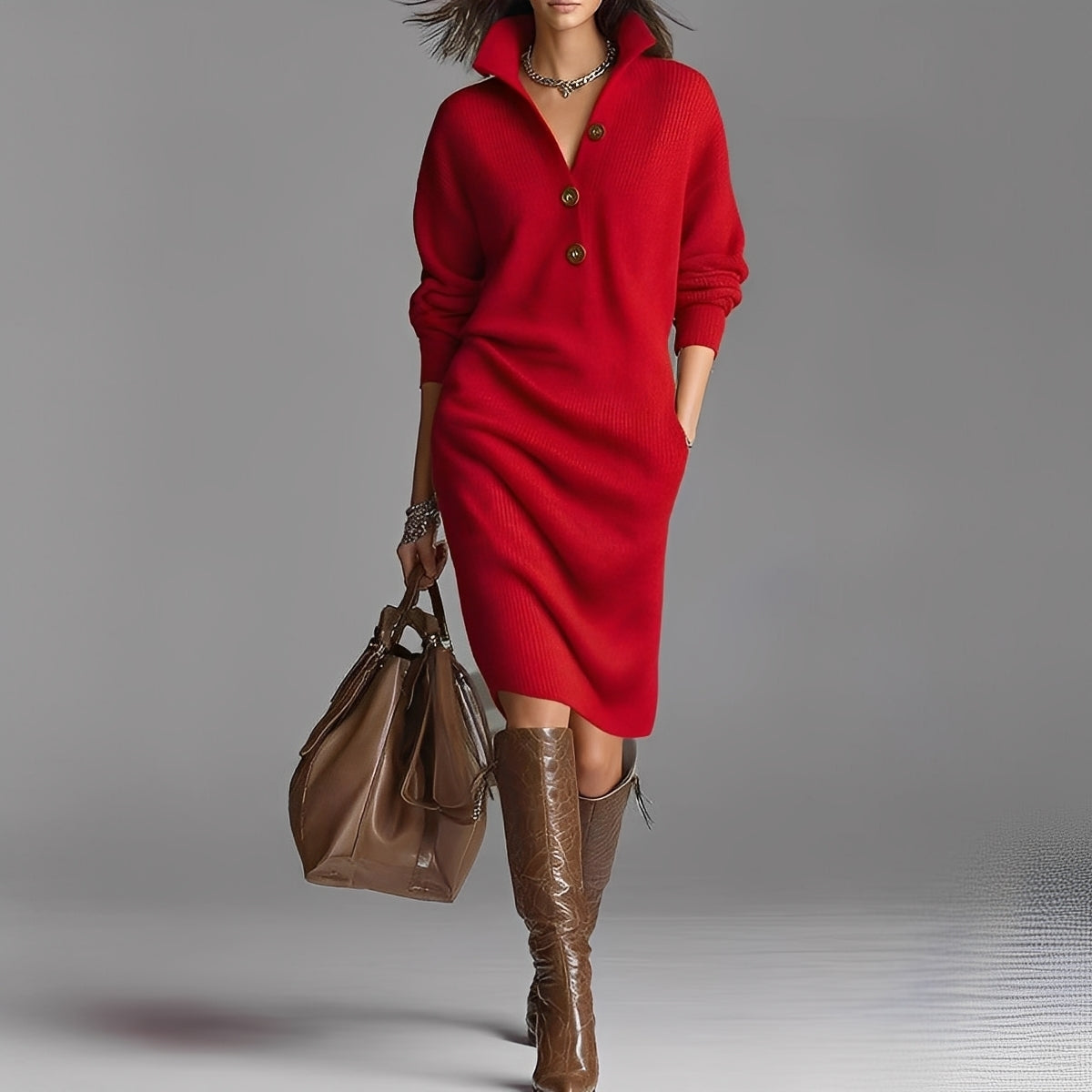 Damen Strickkleid mit Knopfleiste und Kragen