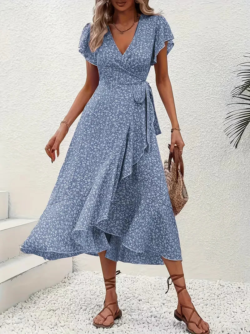 Midi-Wickelkleid mit Blumenmuster und asymmetrischem Saum